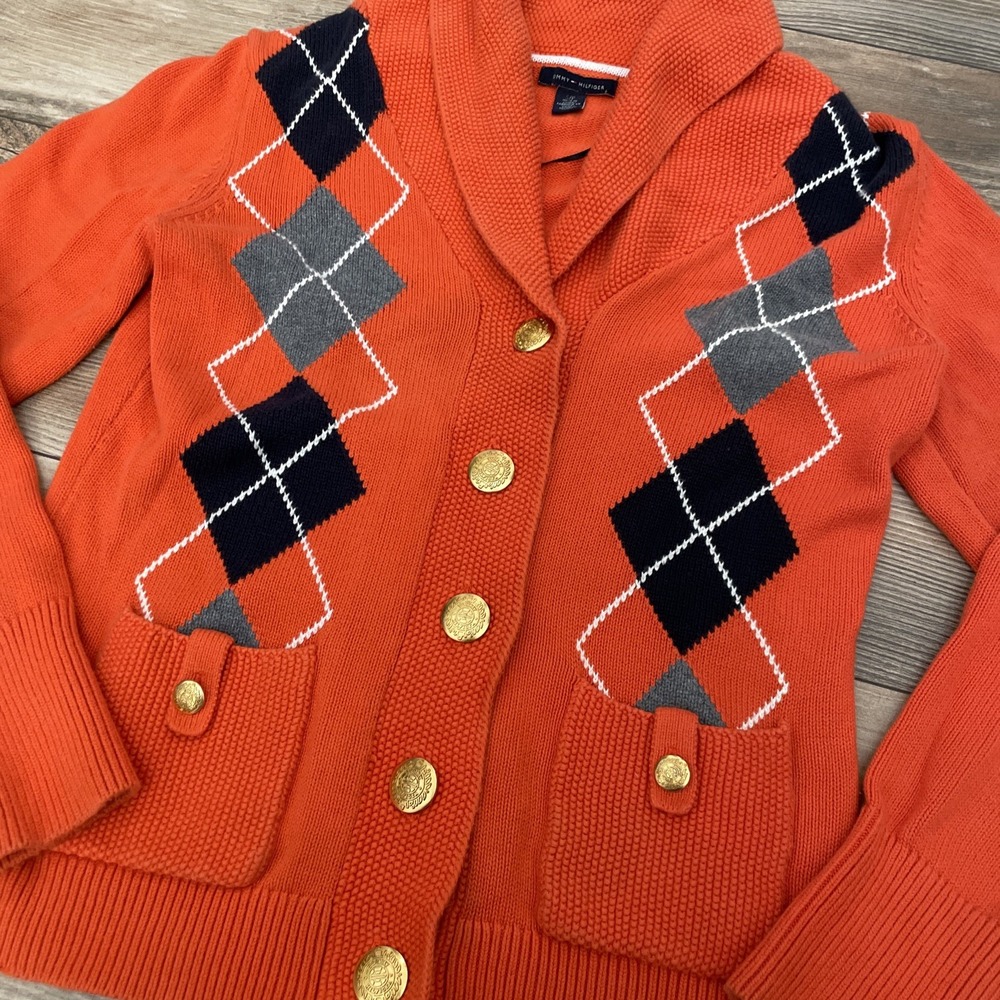 Tommy Hilfiger Argyle Cardigan Sweater Size Large Orange Shawl gold Buttons - Picture 4 of 7